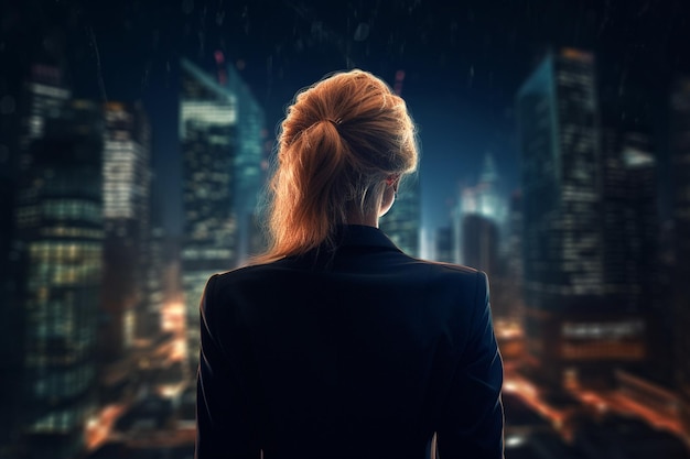 Back view of businesswoman looking at skyscrapers represents Youthful Courage in the business world