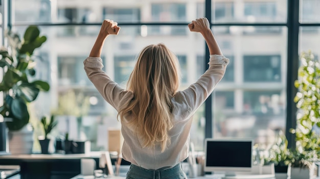 A back view of a businesswoman in a modern office jumping with joy as she receives great news