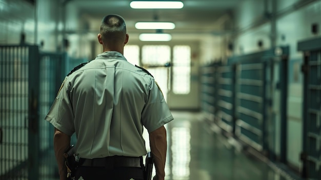 Back view of a correctional officer standing in a prison corridor