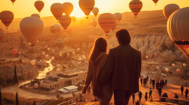 Back view of couple look at cappadocia balloons