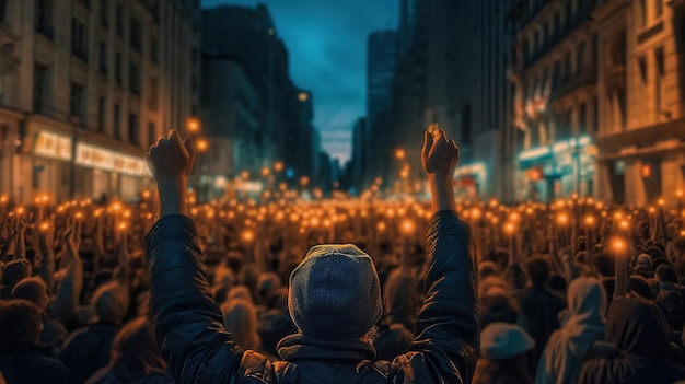 Back view of The crowd gathered to protest generative ai