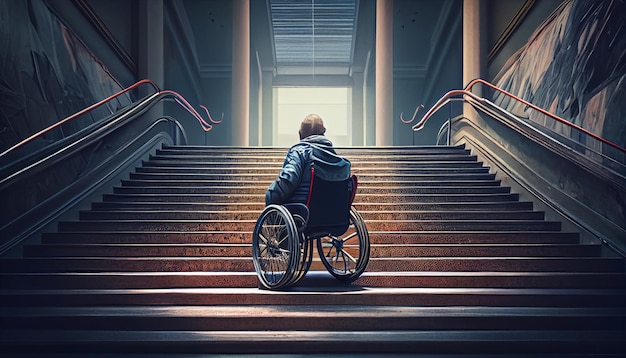 Back view of disabled man in wheelchair on stairs Generative Ai