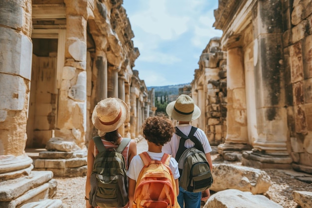 Photo back view of a diverse family exploring ancient ruins together on a sunny day