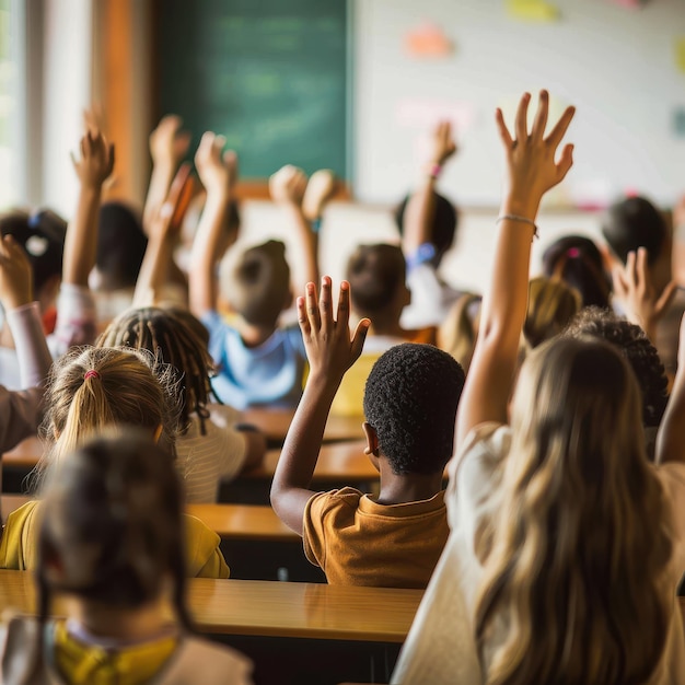 Photo back view of elementary students raising their arms on a class rear view of large group of students