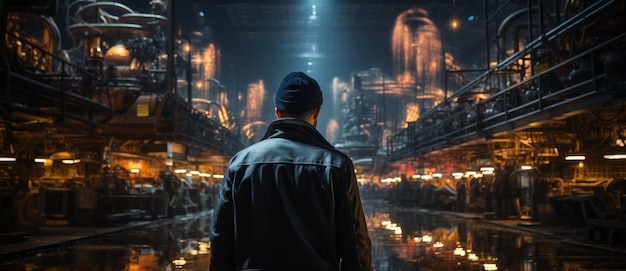 Back view of a engineer or factory worker standing in front of a factory at night