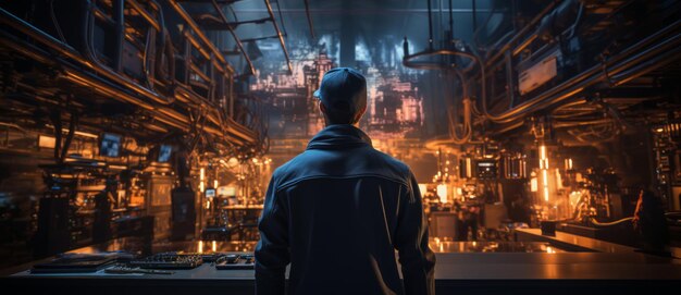 Back view of a engineer or factory worker standing in front of a factory at night