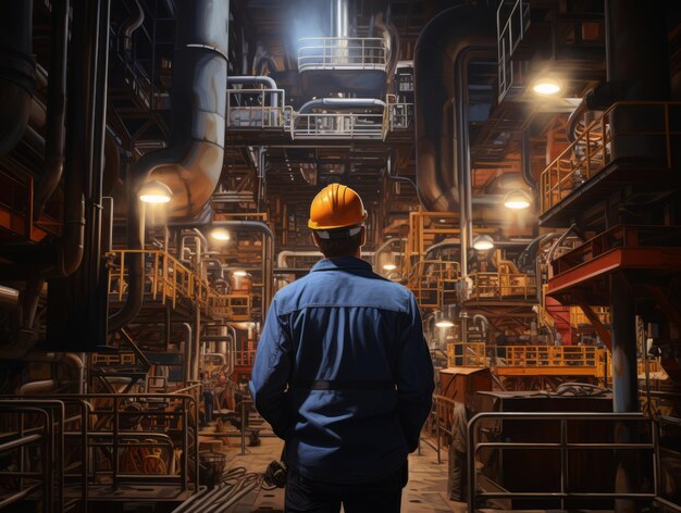 Back view of a engineer or factory worker standing in front of a factory at night