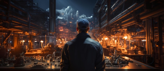 Back view of a engineer or factory worker standing in front of a factory at night