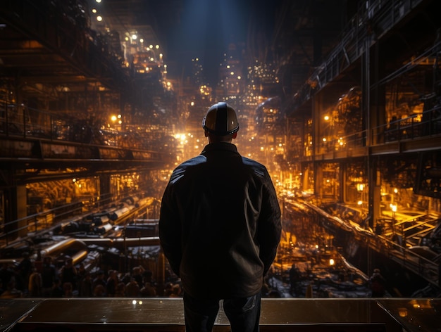 Back view of a engineer or factory worker standing in front of a factory at night