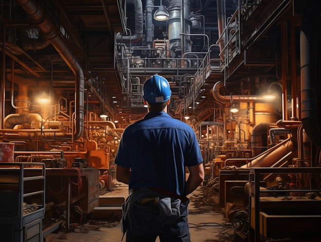 Back view of a engineer or factory worker standing in front of a factory at night