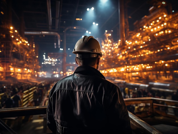 Back view of a engineer or factory worker standing in front of a factory at night