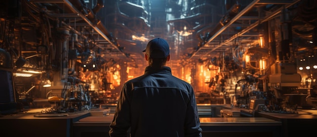 Back view of a engineer or factory worker standing in front of a factory at night