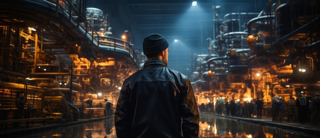 Back view of a engineer or factory worker standing in front of a factory at night