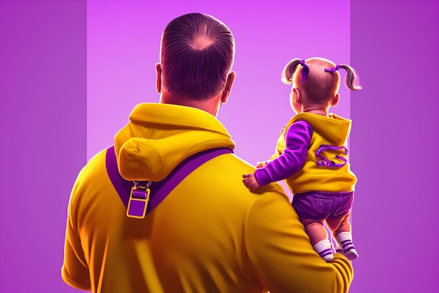 Back view of father and his daughter in yellow jacket on purple background fathers day concept