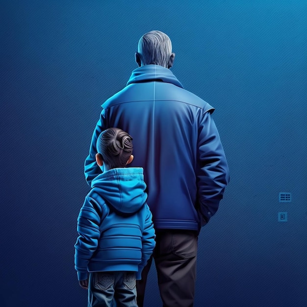 Back view of a father and son in winter clothes 3D rendering Happy fathers day