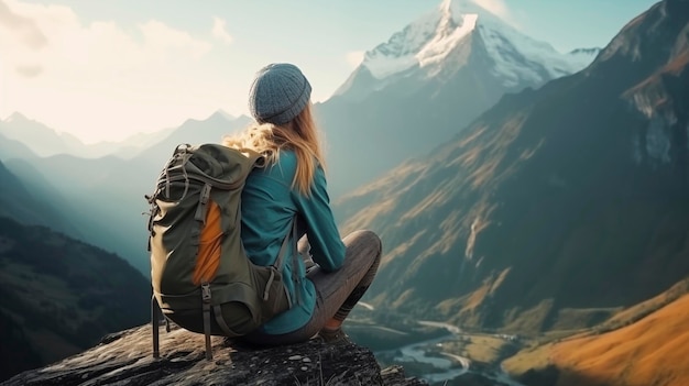 Back view of a female hiker sitting on the top of the mountain looking out over the landscape