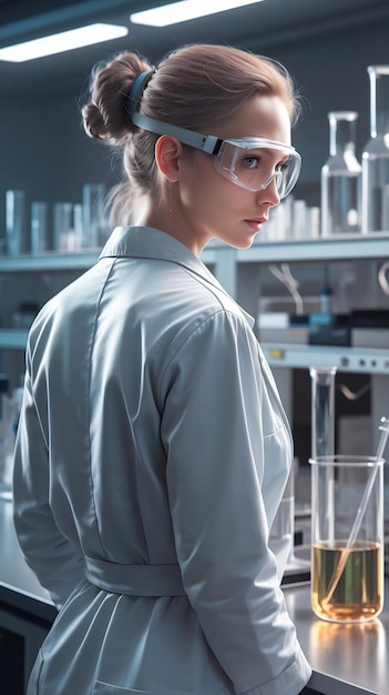 Photo back view of a female scientist in a lab generative ai