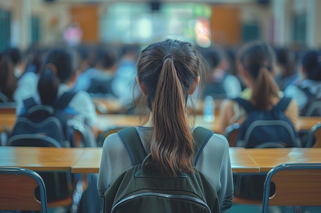 Back view of a female student sitting in a classroom Education concept