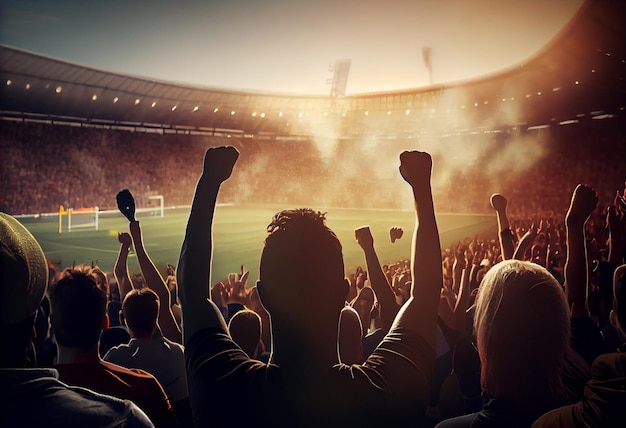 Back view of football soccer fans cheering their team stadium at evening time Generate Ai