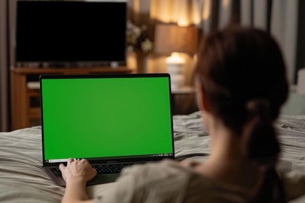 Back view of freelancer working with computer with chroma key Indoor shot of young woman lying on b