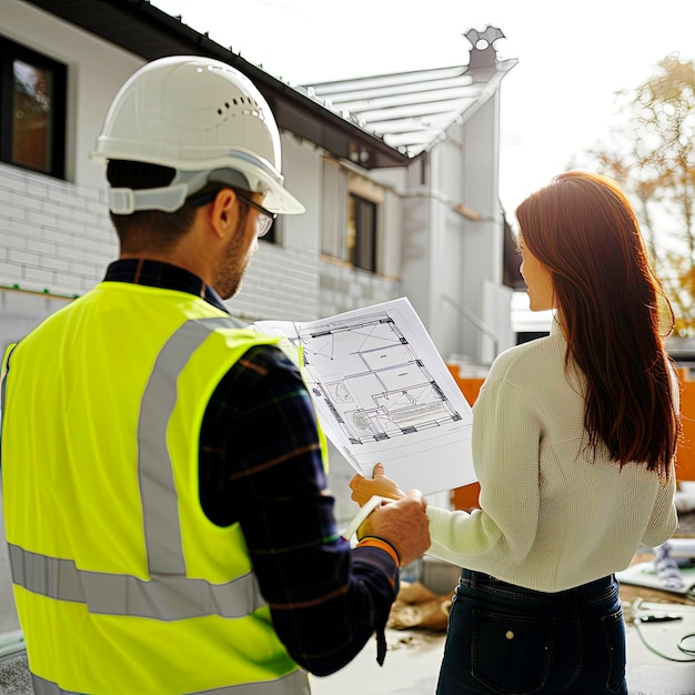 Photo back view from behind professional architect engineer or builder in yellow uniform vest