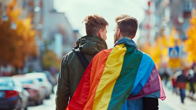 Photo back view of gay couple wrapped in rainbow flag on the road of a city concept of lgbt pride