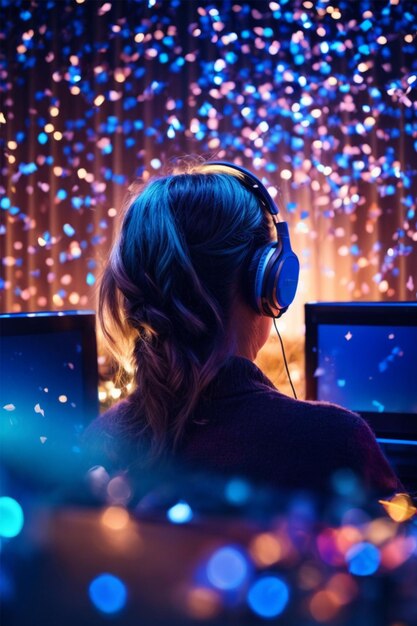 Back view of a girl in headphones playing online games on a computer