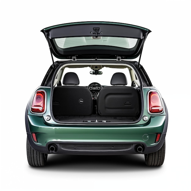 Back View Of Green Hatchback Car With Open Trunk And Folded Rear Seats On White Background