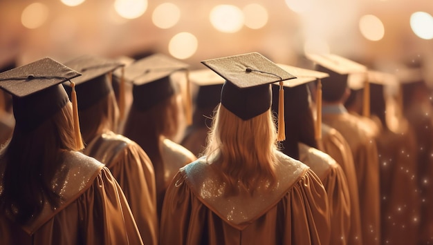 Back view of a group of students wearing graduation caps with AI generated