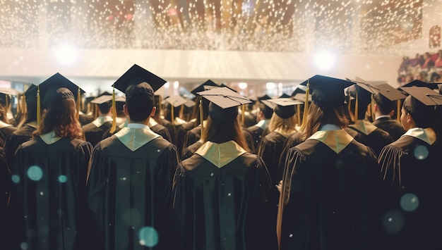 Back view of a group of students wearing graduation caps with AI generated