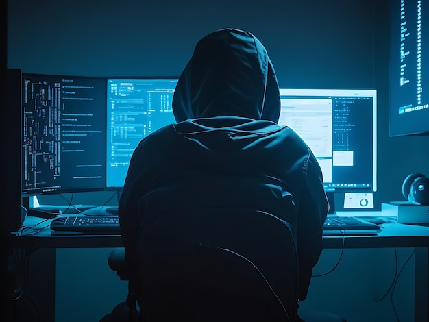 back view of a hacker in front of a computer with light effects