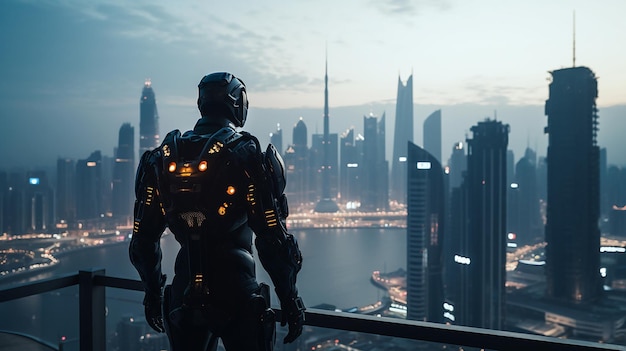 Back view of a humanoid in a robotic exoskeleton over the city of Dubai