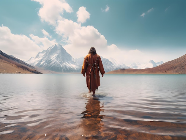 Back view of Jesus Christ walking on water at lake