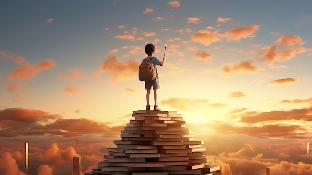 Back view of kid girl with backpack standing on top of stack of books