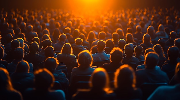 Photo back view of a large audience sitting in a dark hall lit by a warm spotlight