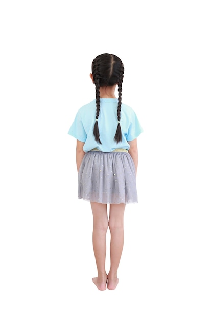 Back view little asian child girl with pigtail hair isolated over white background.