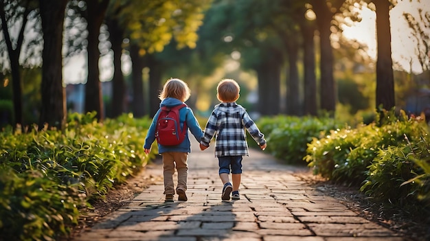 Back view of little friends holding hands and walking