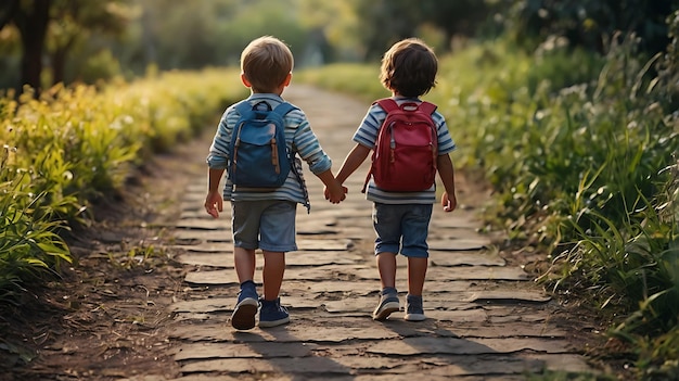 Back view of little friends holding hands and walking