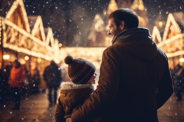 Back view of loving father and his little daughter at Christmas market in winter time Father and child having wonderful time on traditional Christmas market on winter evening AI Generated