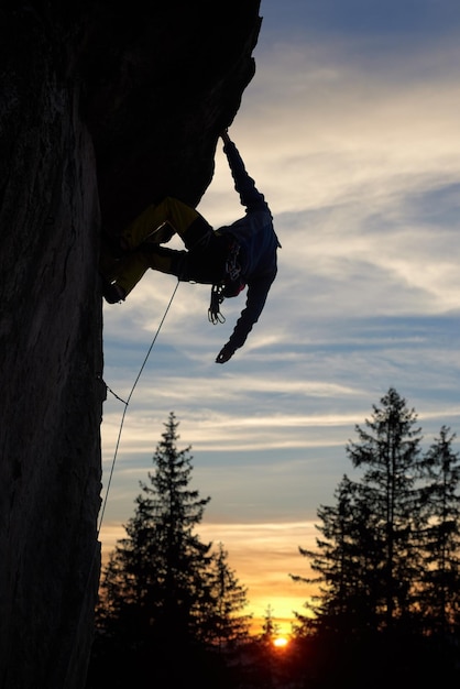 Back view of male climber silhouette hanging on rock looking down while climbing Sunset behind fir trees under sky