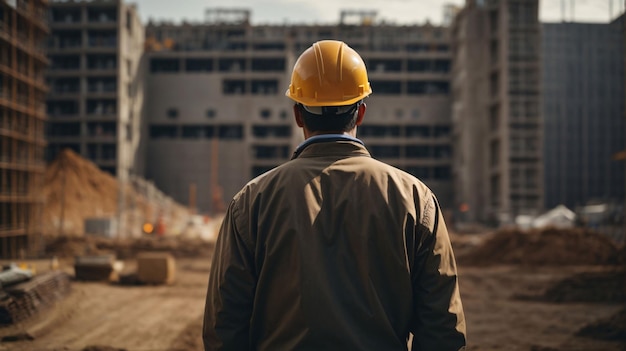 Back view of male construction worker in helmet and reflective vest standing on construction site