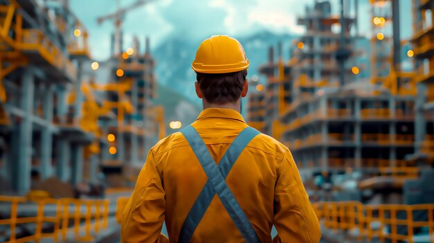 back view of Male Engineer in hardhat standing and looking at Construction Site Progress