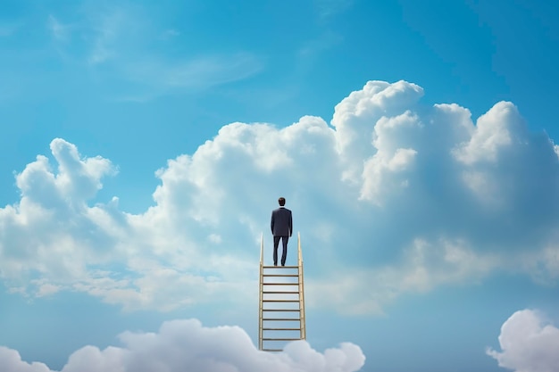 Back view of man climbing with stair on cloud