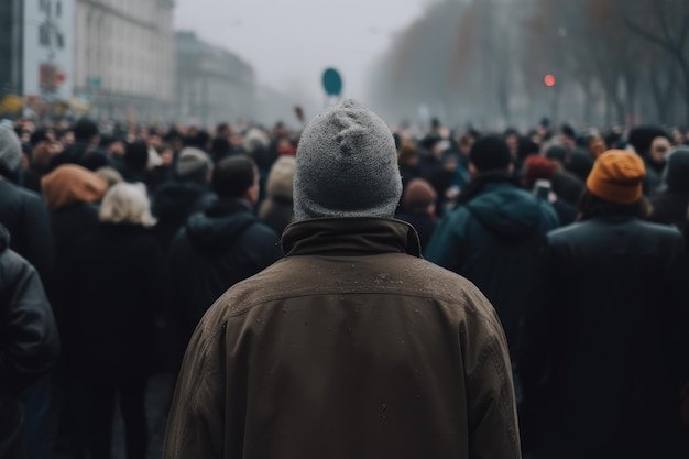 Back view of a man the crowd gathered to protest generative ai