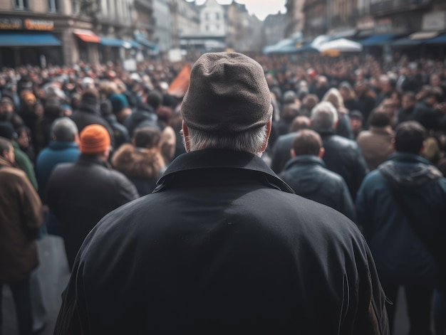 Back view of a man the crowd gathered to protest generative ai