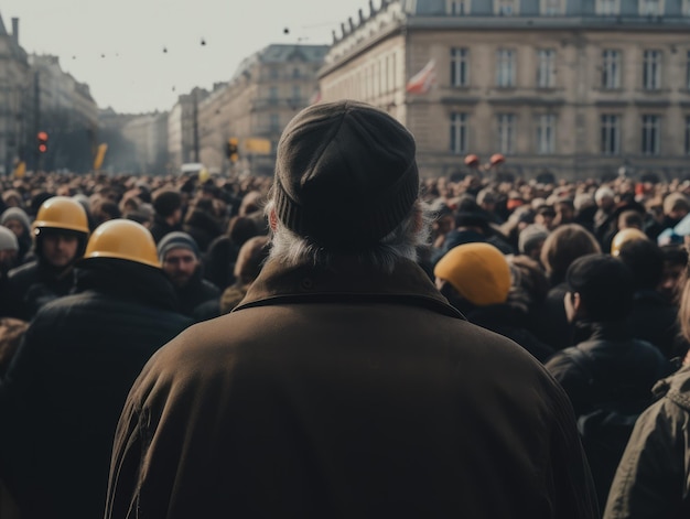 Back view of a man the crowd gathered to protest generative ai