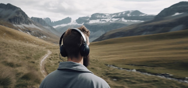 Back view Man in headphones in the mountains in nature meditates relaxes and takes care of mental health AI generated