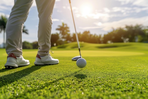 Back view of man hitting golf ball on the field