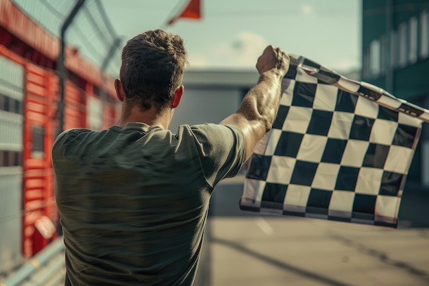 Photo back view of man holding checkered race flag