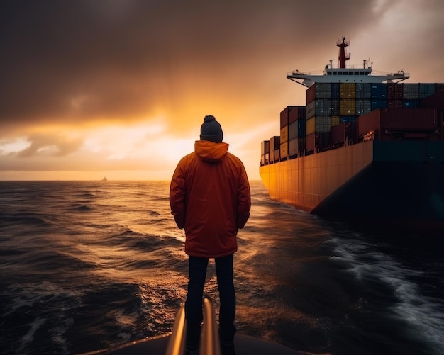 Back view of a man in jacket and cap watching the cargo ship setting off Dramatic sky at sunset at backdrop Generative AI